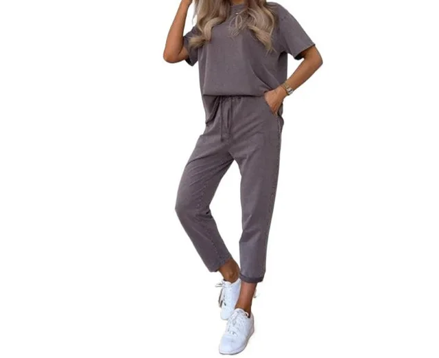 Solid Color Short sleeved Cropped Pants Casual 2 piece Set Chocolate - Shop at LoveMi