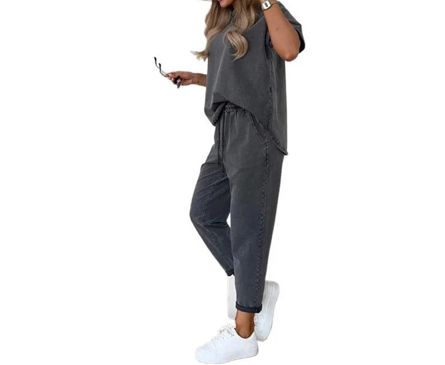 Solid Color Short sleeved Cropped Pants Casual 2 piece Set Dark Gray - Shop at LoveMi