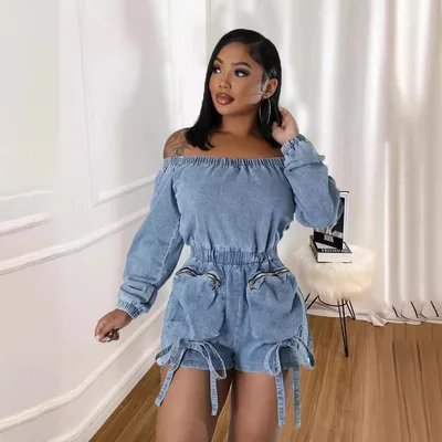 Women's Pocket Denim Sexy Wash Short Wrapped Chest Elastic Waist Jumpsuit Blue - Shop at LoveMi
