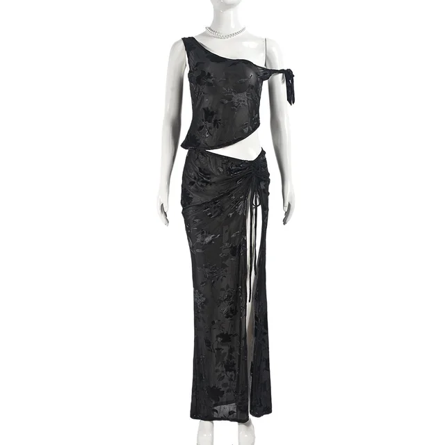 Beauty Clothing See through Flocking Lace up Sexy One shoulder Top Skirt Suit Black - Shop at LoveMi