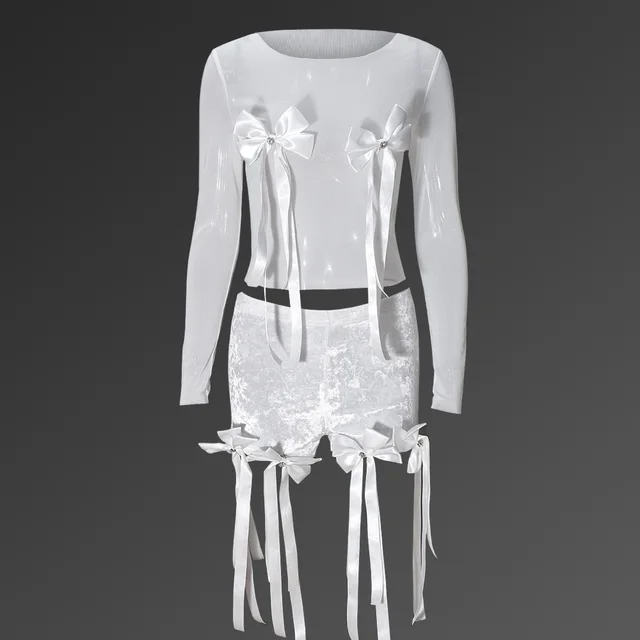 Sexy 3D Butterfly Printed Loose Top Lace Trendy Shorts Suit Women 51626 Style White - Shop at LoveMi