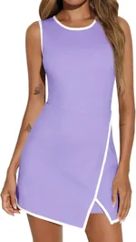Round Neck Contrasting Color Side Slit A-line Tennis Skirt - Purple