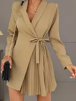 Solid Color Pleated Suit Jacket Dress - 1 Style