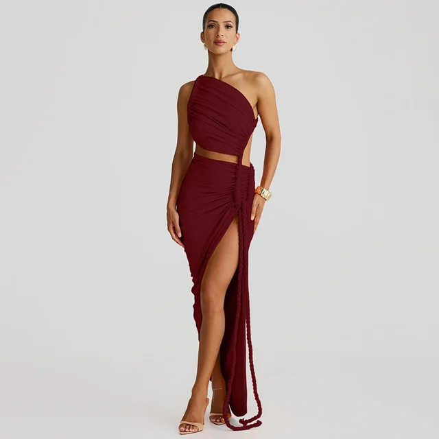 Fashion One Shoulder Tube Top Backless Hollow Tether Ruched Dress Wine Red - Shop at LoveMi