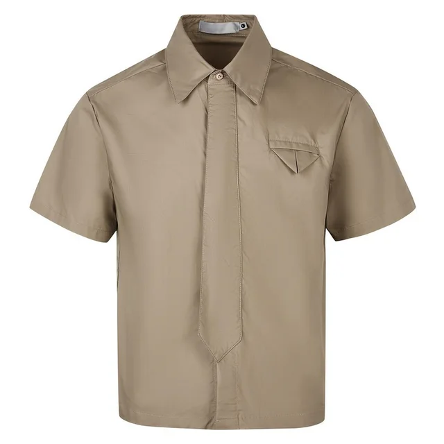 Cleanfit American Retro Casual Loose Fake Tie Design Short Sleeve Shirt Khaki - Shop at LoveMi