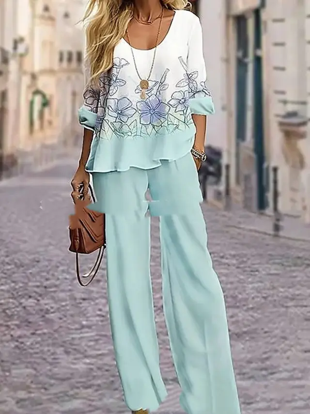 Half Sleeve Round Neck Top Lengthened Trousers Printed Women's Suit Light Green - Shop at LoveMi