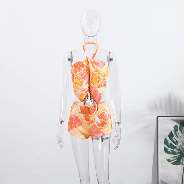 Female Tassel Print Fashion Individual Casual Suit Top And Shorts Suit - Shop at LoveMi