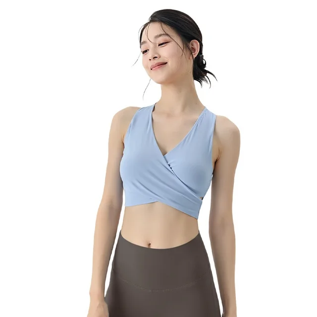 Women's Solid Color Deep V Cross Pleated Slim Vest Baby Blue - Shop at LoveMi