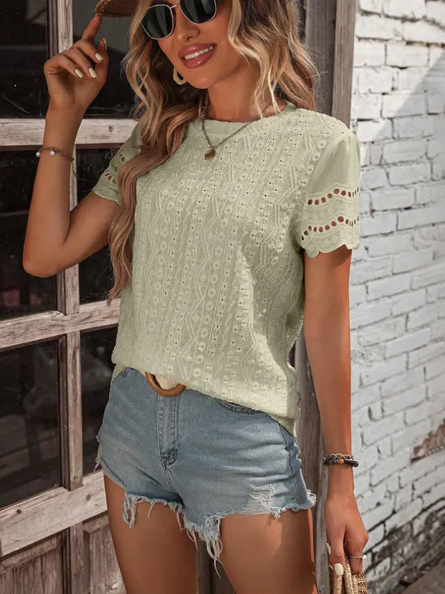 Women's Solid Color V Casual Short sleeved Shirt Light Green - Shop at LoveMi
