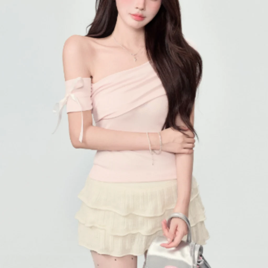 New Slim Fit And Slimming One Shoulder Off Top - Pink