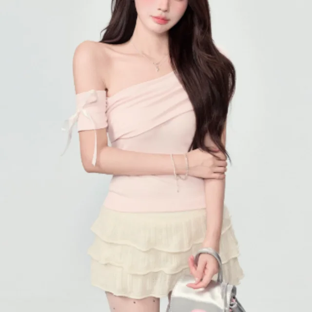 New Slim Fit And Slimming One Shoulder Off Top Pink - Shop at LoveMi