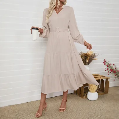 Simple Elegant Long Sleeve Solid Color Dress Apricot Beige - Shop at LoveMi