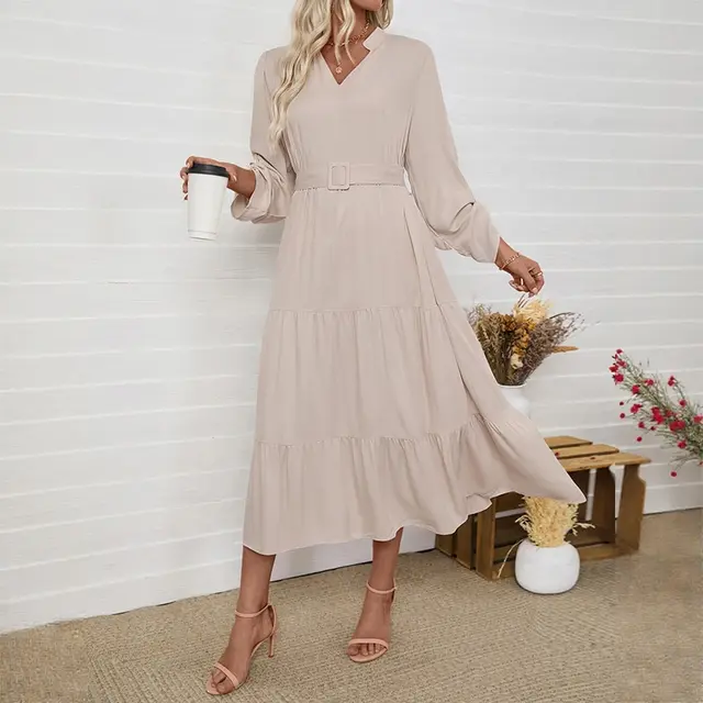 Simple Elegant Long Sleeve Solid Color Dress Apricot Beige - Shop at LoveMi