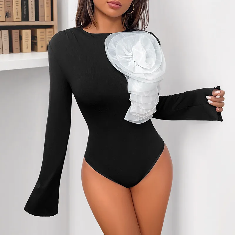 Sweet Style Design Three-dimensional Flower Decoration Black Long Sleeve Jumpsuit - Black
