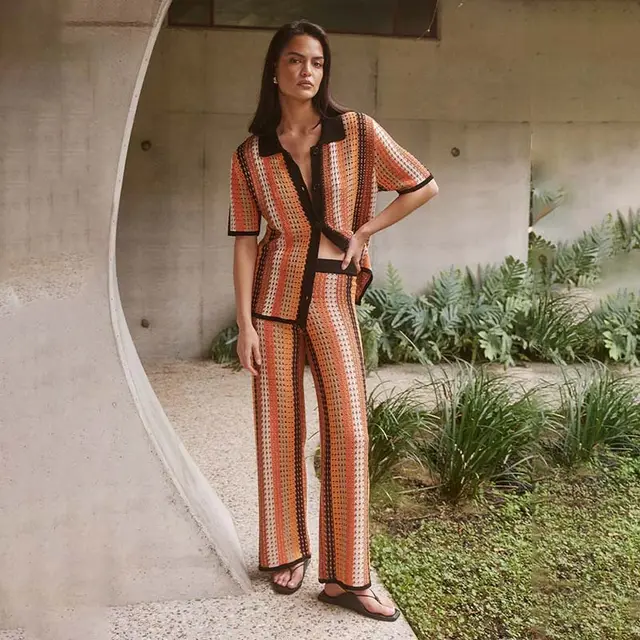Suit Women's Knitted Vintage Stripe Trousers Black And Orange Color - Shop at LoveMi
