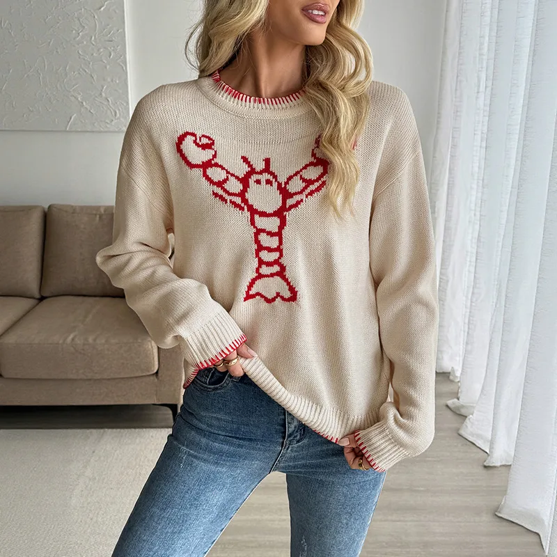 European And American Contrast Colour Animal Pattern Crew Neck Pullover Sweater Female - Apricot - View 1