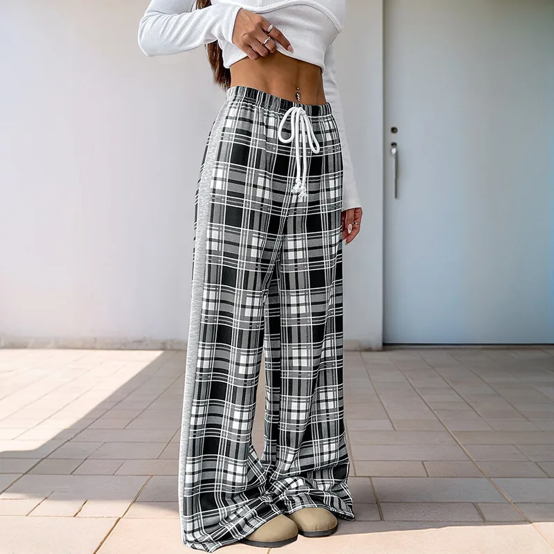 Casual Plaid Stitching Wide leg Pants For Women Black - Shop at LoveMi