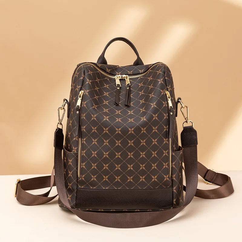 Large Capacity Simple All matching Printed Retro Anti theft Travel Crossbody Backpack Brown - Shop at LoveMi