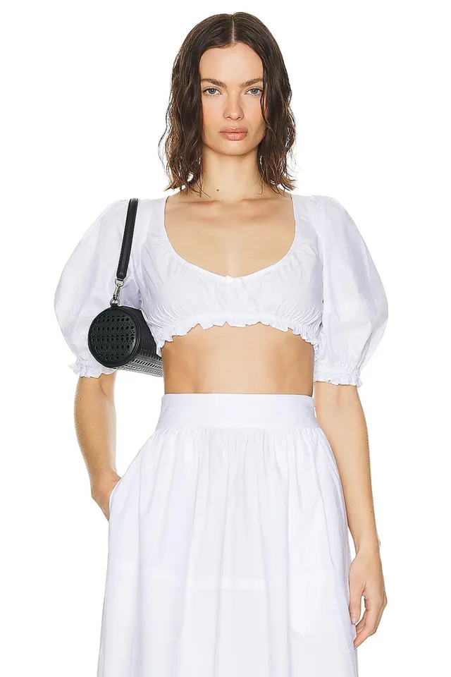 Puff Sleeve Short Sleeve Shirt Midriff Outfit Short Top High Waist Skirt Suit White Top - Shop at LoveMi