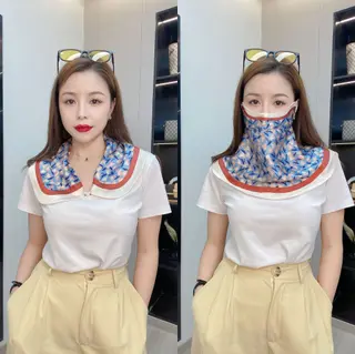 Female Printed Breathable Eye Corner Protection Summer Sunscreen Mask - Ginkgo Blue Background