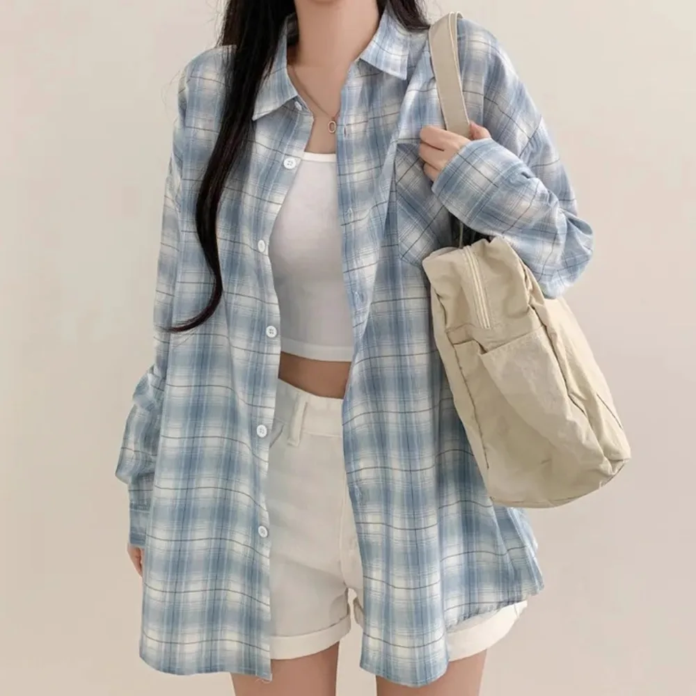 Blue Plaid Shirt For Women Loose Long Sleeve Jacket Light Blue - Shop at LoveMi