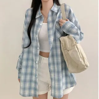 Blue Plaid Shirt For Women Loose Long Sleeve Jacket - Light Blue