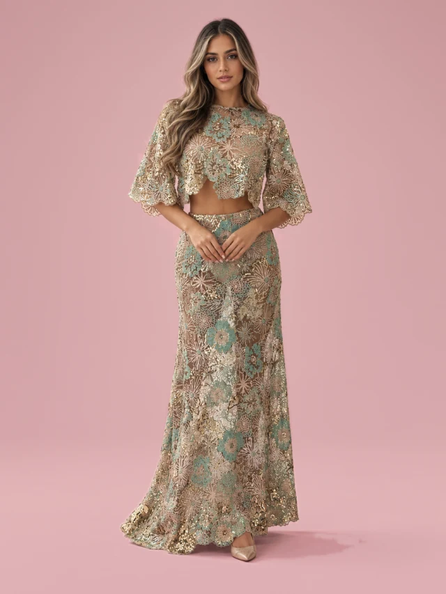 Embroidery Sequin Heavy Industry Party Skirt Suit Summer And Autumn New Collection Green Suit Long - Shop at LoveMi