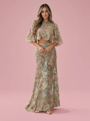 Embroidery Sequin Heavy Industry Party Skirt Suit Summer And Autumn New Collection - Green Suit Long
