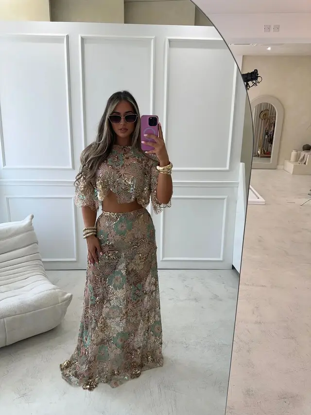 Embroidery Sequin Heavy Industry Party Skirt Suit Summer And Autumn New Collection Green Suit Long - Shop at LoveMi