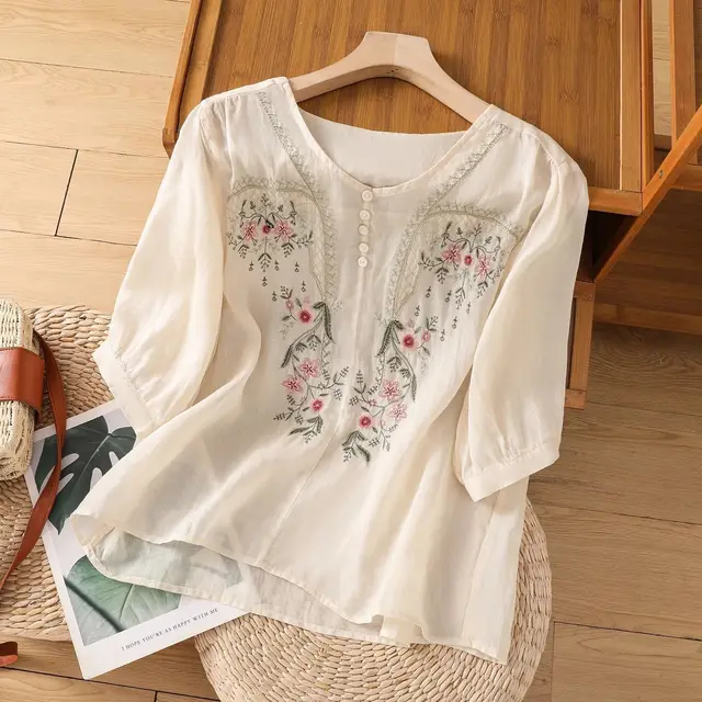 Short Sleeve Top Pullover Embroidered 's Loose Slimming And All matching Apricot - Shop at LoveMi