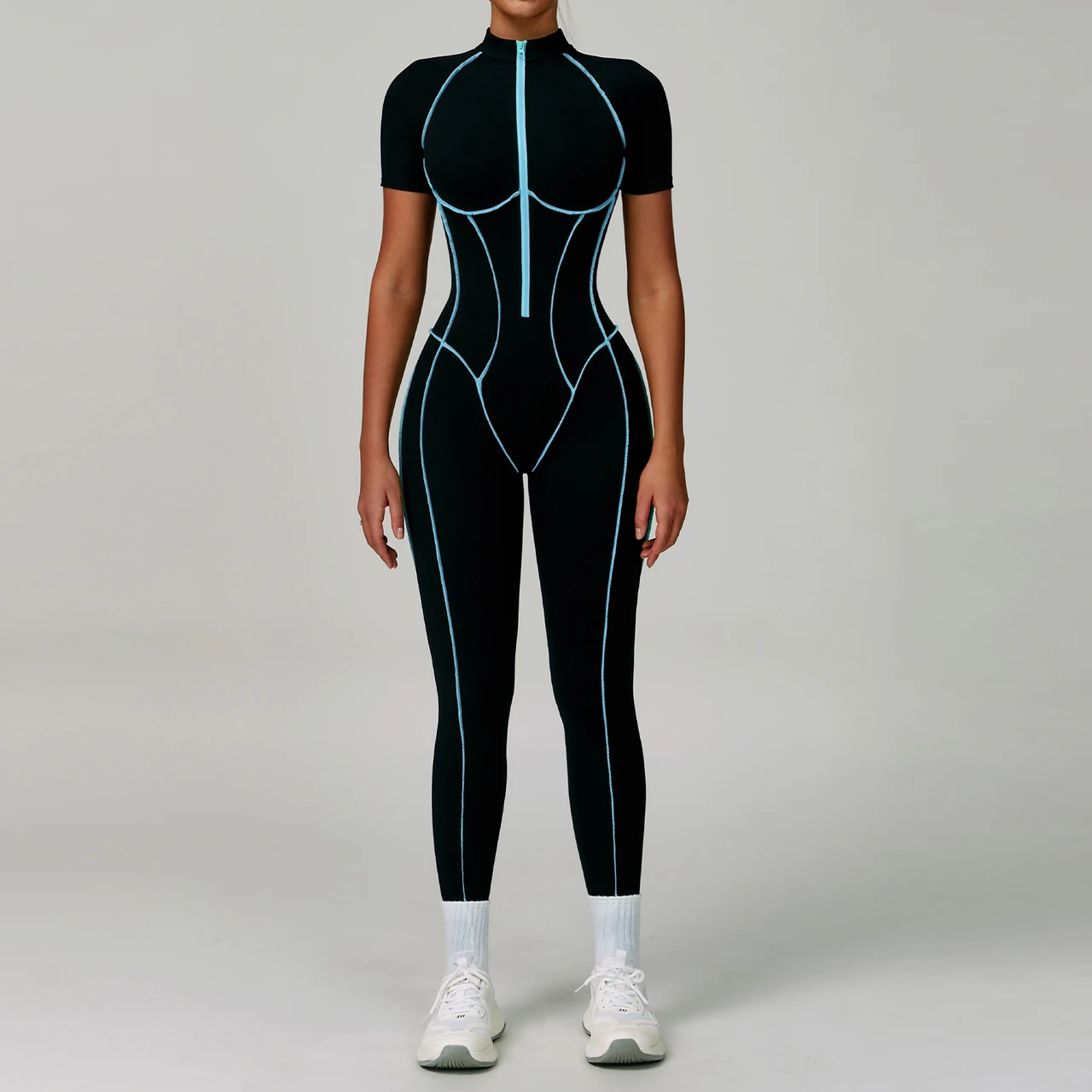 Contrast Color Yoga Workout Clothes Hollow-out Beauty Back Tight Jumpsuit - Blue Line Black