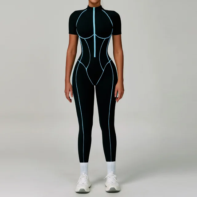 Contrast Color Yoga Workout Clothes Hollow out Beauty Back Tight Jumpsuit Blue Line Black - Shop at LoveMi