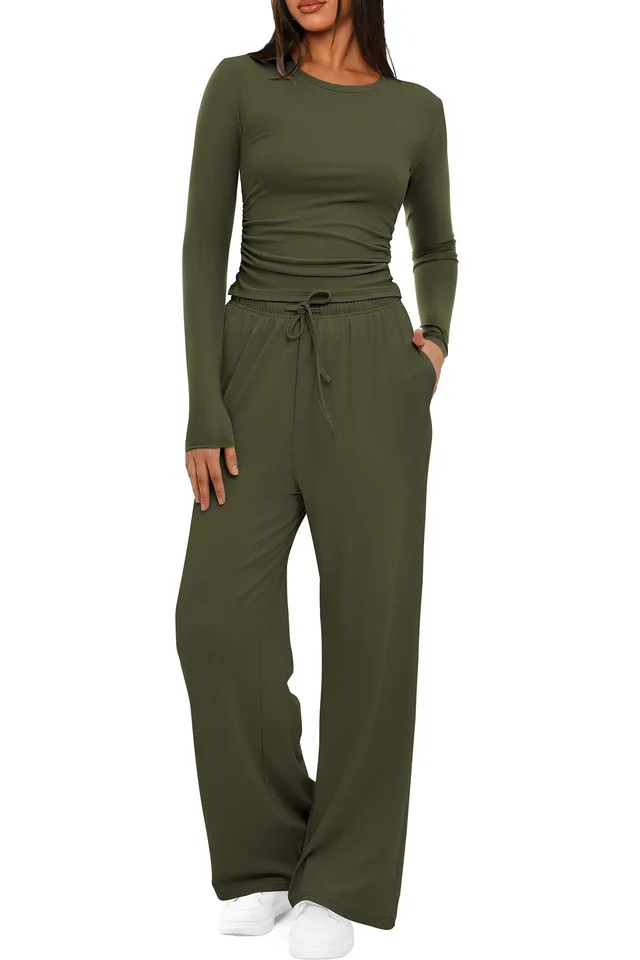 Women's Suit Autumn Winte Long Sleeve Tops High Waisted Wide Leg Pants Sportswear Female Clothes Solid Color Casual Suit Army Green - Shop at LoveMi