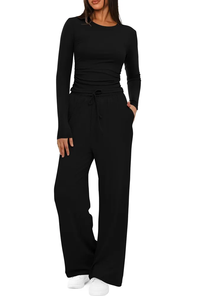 Women's Suit Autumn Winte Long Sleeve Tops High Waisted Wide Leg Pants Sportswear Female Clothes Solid Colour Casual Suit - Black - View 1