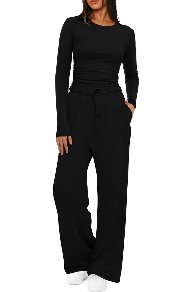 Women's Suit Autumn Winte Long Sleeve Tops High Waisted Wide Leg Pants Sportswear Female Clothes Solid Color Casual Suit Black - Shop at LoveMi