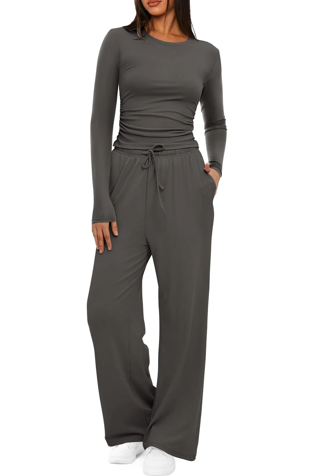 Women's Suit Autumn Winte Long Sleeve Tops High Waisted Wide Leg Pants Sportswear Female Clothes Solid Colour Casual Suit - Dark Grey