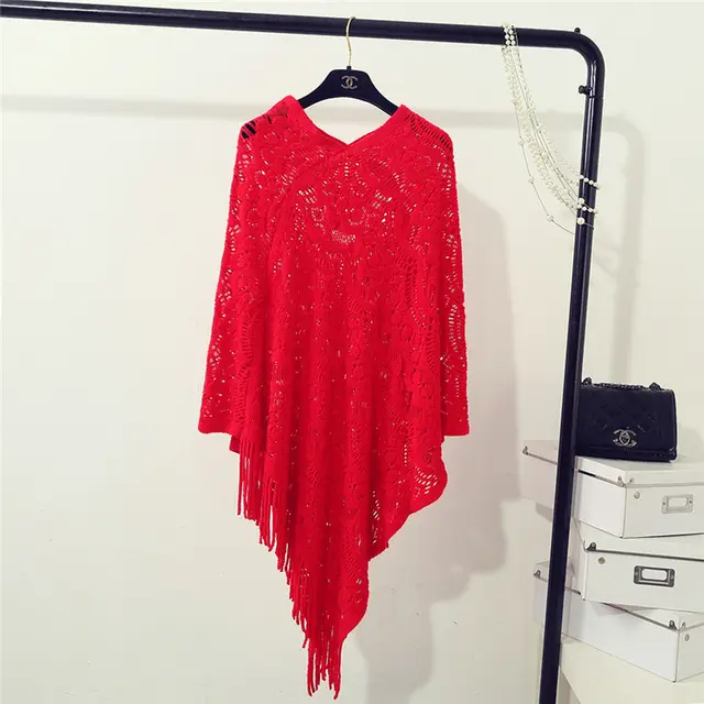 Women's Knitted Crocheted Hollow Irregular Tassel Pullover Sweater Red - Shop at LoveMi