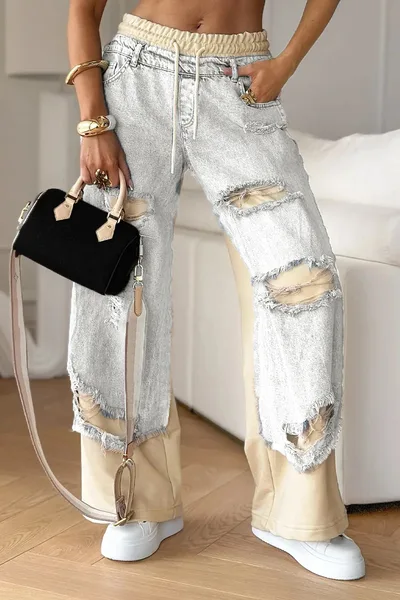 Ripped Double layer Color Straight Jeans Light Blue - Shop at LoveMi