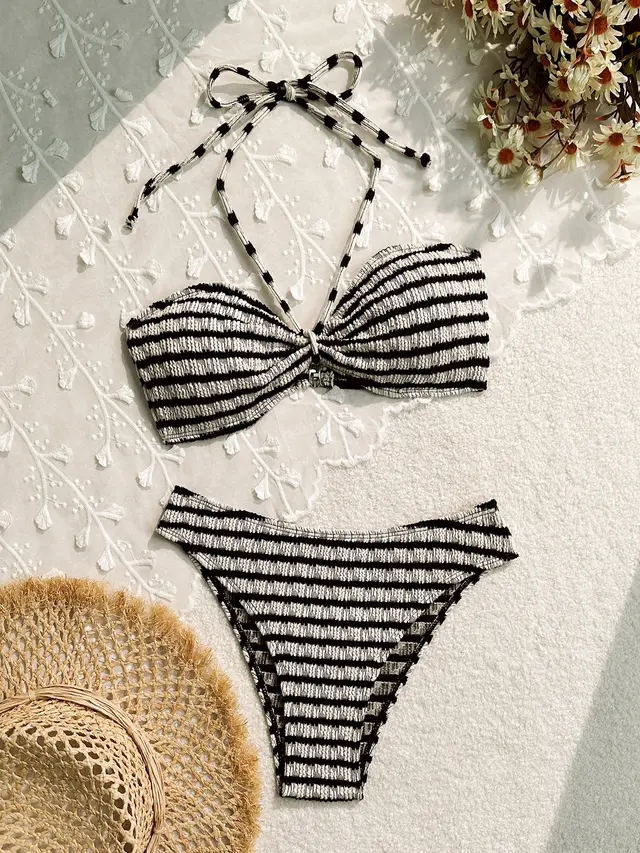 Female Split Stripe Printed Hanging Neck Bikini Black - Shop at LoveMi