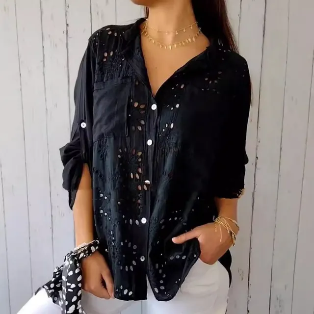 Women's Casual Hollow out Design Pocket Long Sleeve Button down Shirt Black - Shop at LoveMi