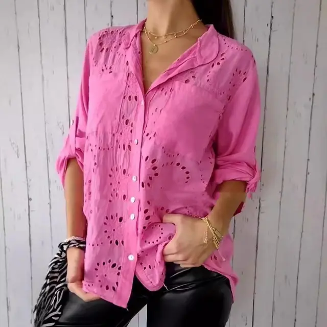 Women's Casual Hollow out Design Pocket Long Sleeve Button down Shirt Rose Red - Shop at LoveMi