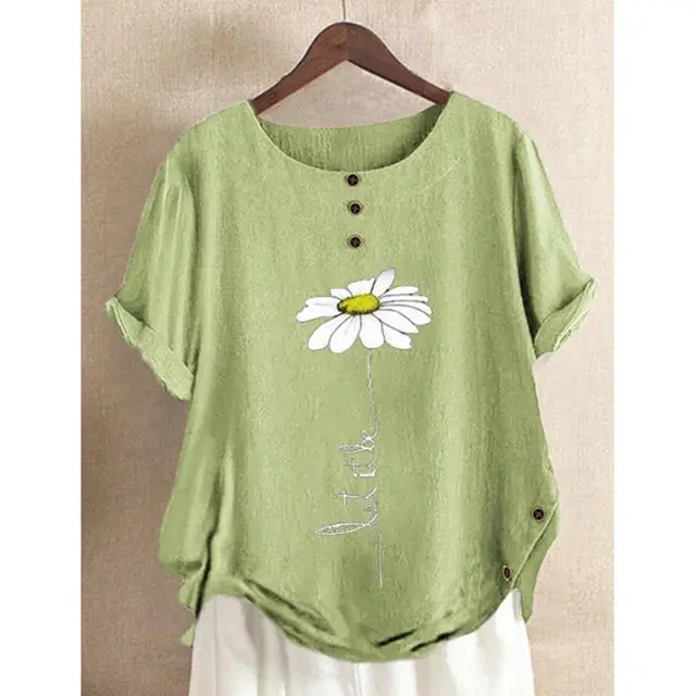 New European And American Loose Round Neck Print Button Top Women's Summer Green - Shop at LoveMi