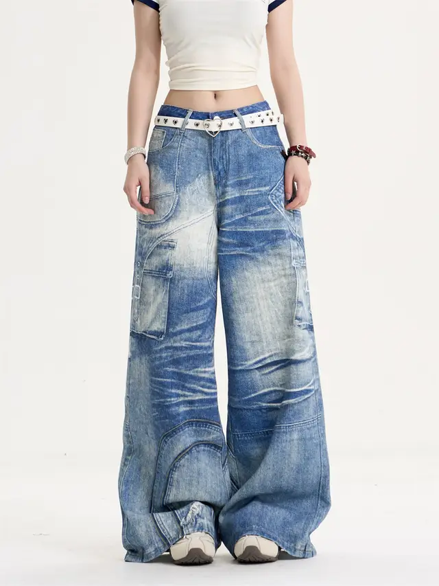 American Retro Sweet Cool Printed Wide leg Jeans Women's Loose Slimming Blue - Shop at LoveMi