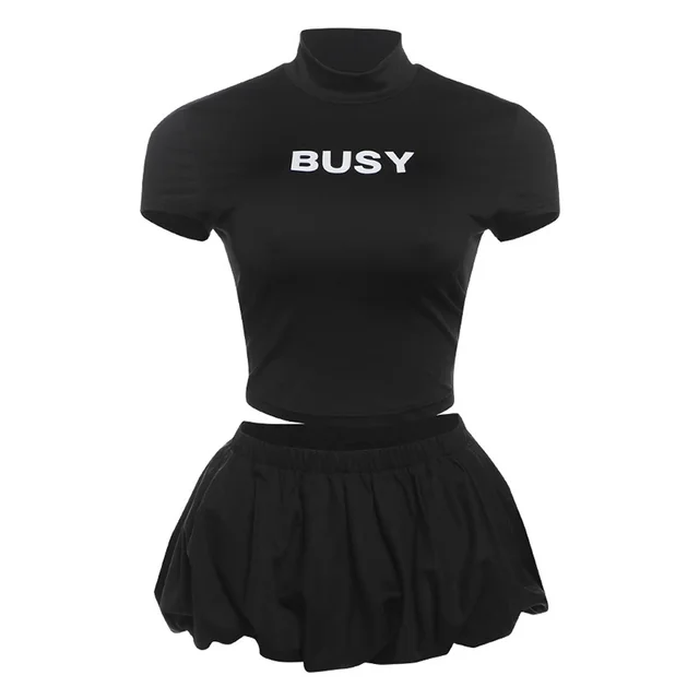 Fashion Street Fashion Round Neck Slim Fit Midriff baring T shirt Skirt Suit Black - Shop at LoveMi