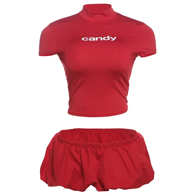 Fashion Street Fashion Round Neck Slim Fit Midriff baring T shirt Skirt Suit Red - Shop at LoveMi