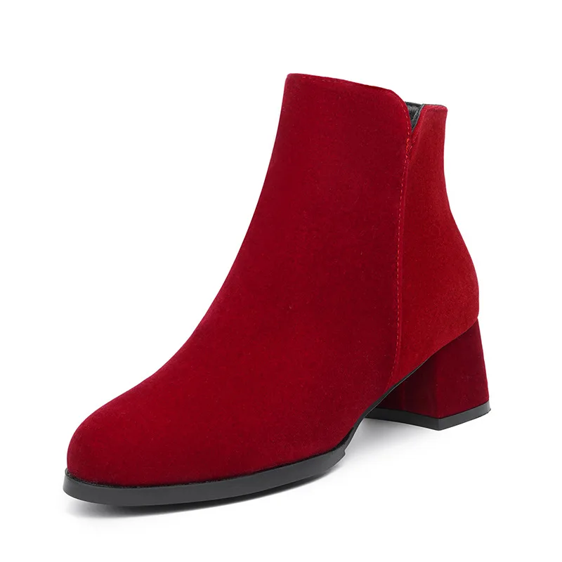 Pointed toe Frosted Suede Side Zipper Chunky Heel Mid Heel Plus Size Female Boots Red - Shop at LoveMi