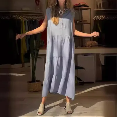 European And American Style Women Cotton Linen Dress Long Dress Women's Clothing Blue - Shop at LoveMi