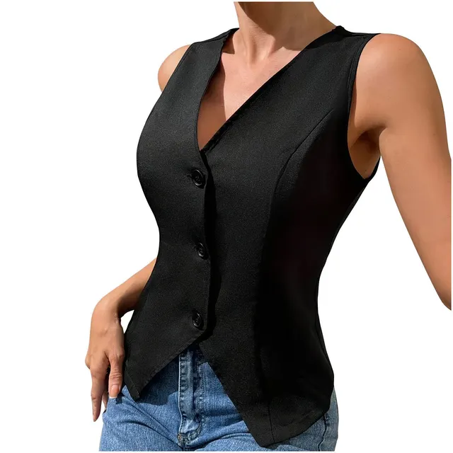 Front Buckle V shaped Hem Solid Front Lapel Back Strap Elegant Fashion Tops Black - Shop at LoveMi