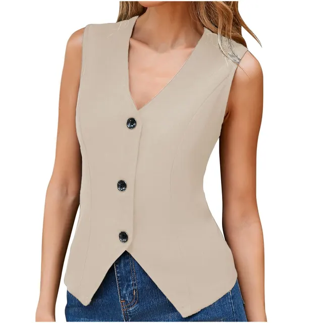 Front Buckle V shaped Hem Solid Front Lapel Back Strap Elegant Fashion Tops Khaki - Shop at LoveMi