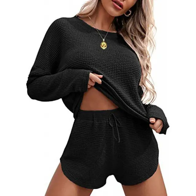 Women's Waffle Knit Pajamas Suit Long Sleeve Top And Shorts Black - Shop at LoveMi
